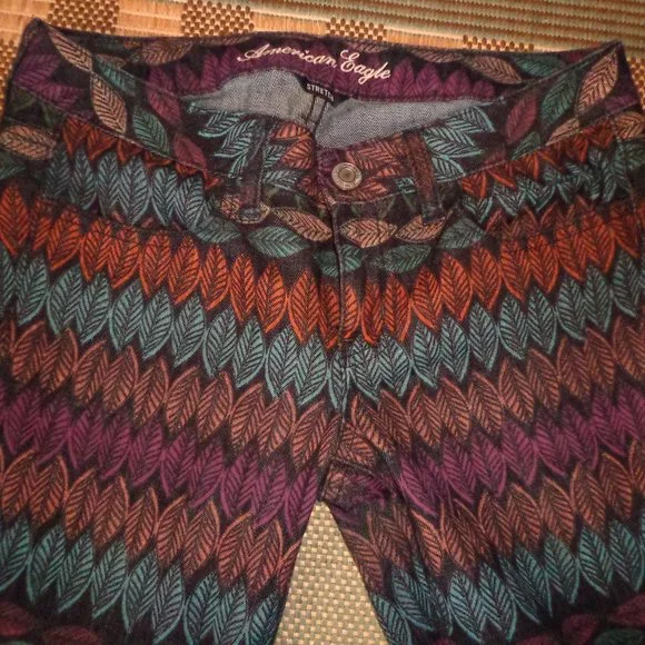 American Eagle Outfitters Stretch Jeggings 4 Leaf/Feather Multicolored Zip Leg - Picture 11 of 16